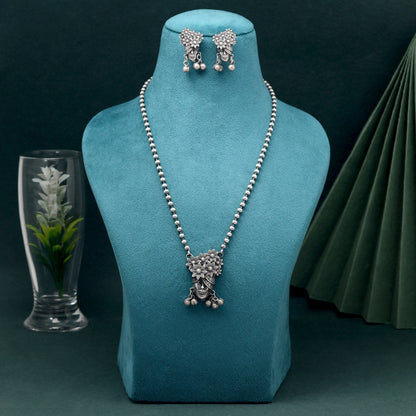 Silver Color Long Oxidised Necklace Set Featuring Traditional Ethnic Charm Accents