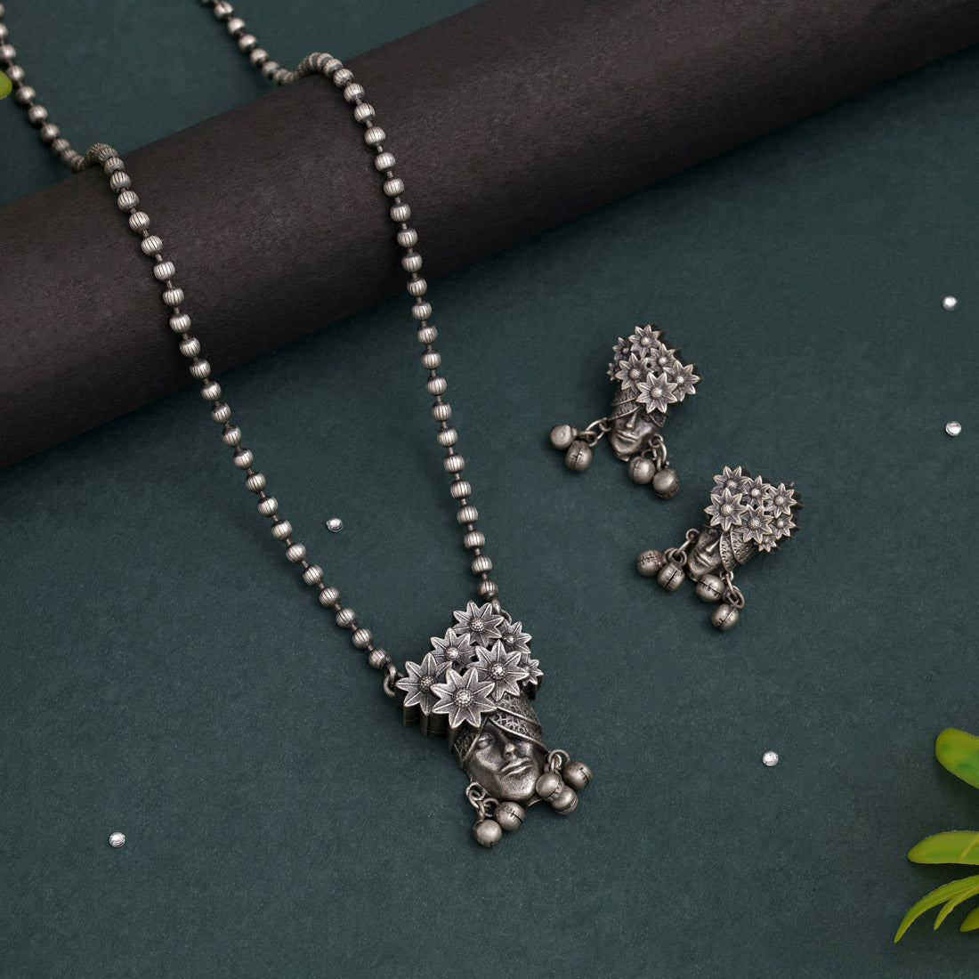 Silver Color Long Oxidised Necklace Set Featuring Traditional Ethnic Charm Accents