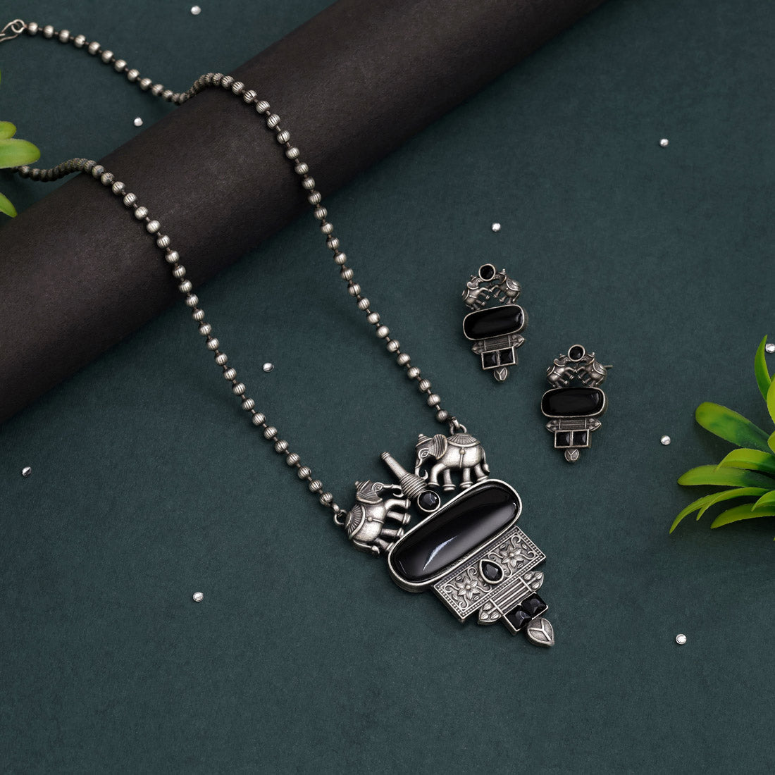 Black Color Long Oxidised Necklace Set For Graceful Evening Party Looks