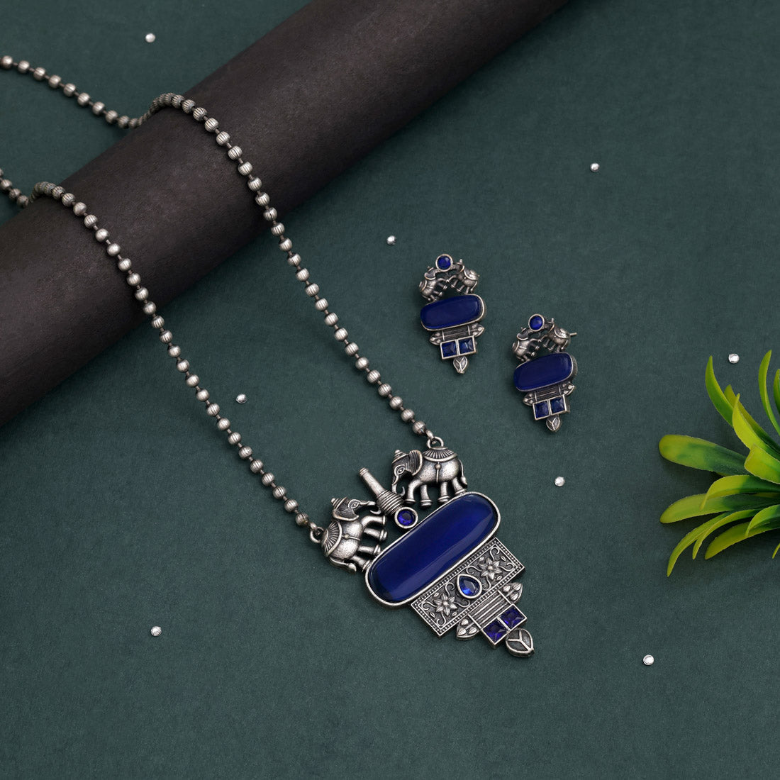 Blue Color Long Oxidised Necklace Set With Statement Pendant And Detailing