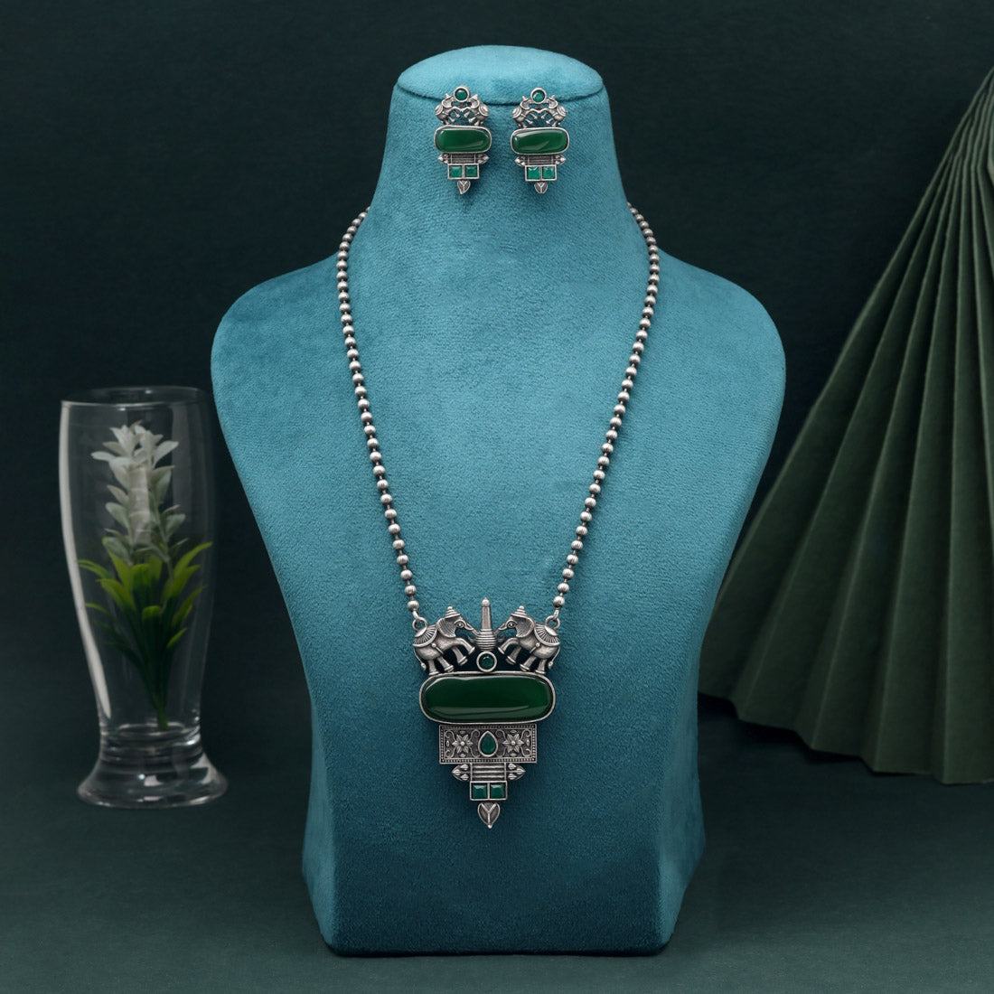 Green Color Long Oxidised Necklace Set With Intricate Carvings And Beaded Style