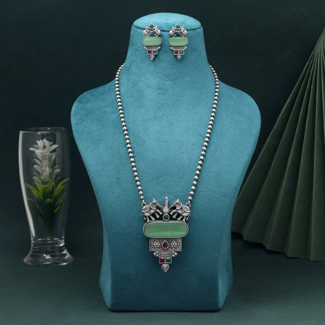 Light Green Color Long Oxidised Necklace Set For Stylish Festive Occasions