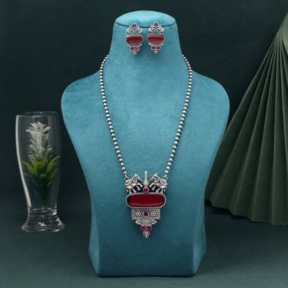 Maroon Color Long Oxidised Necklace Set With Antique Finish And Artistic Touch