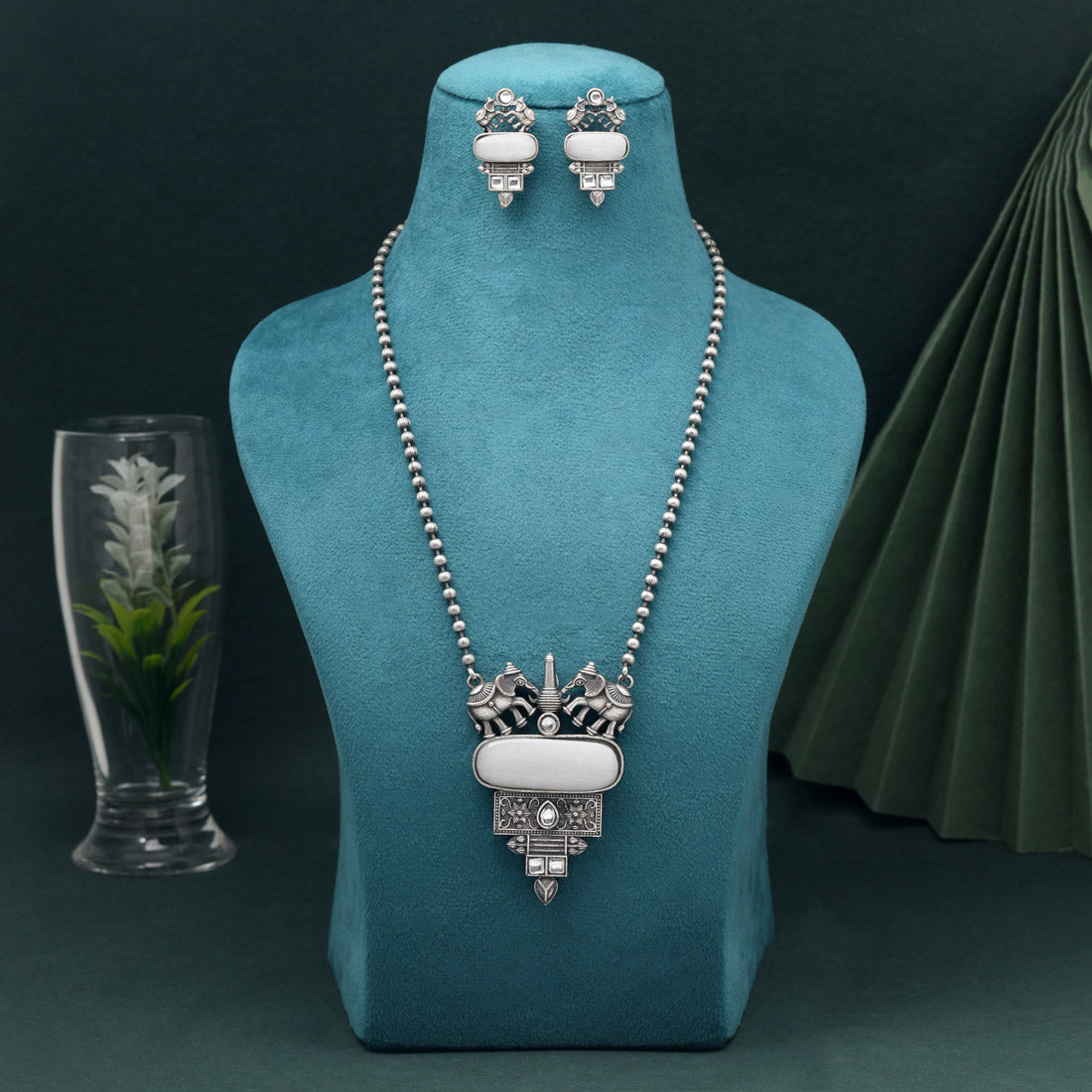 Off White Color Long Oxidised Necklace Set Perfect For Elegant Ethnic Ensembles