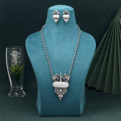 Off White Color Long Oxidised Necklace Set Perfect For Elegant Ethnic Ensembles