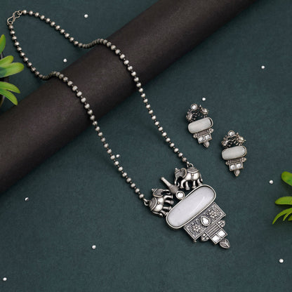 Off White Color Long Oxidised Necklace Set Perfect For Elegant Ethnic Ensembles