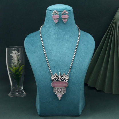 Pink Color Long Oxidised Necklace Set With Feminine Appeal And Vintage Look