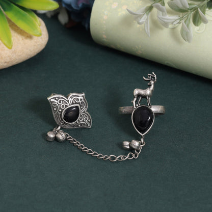 Classic Black Color Oxidised Two In One Finger Ring Accessory