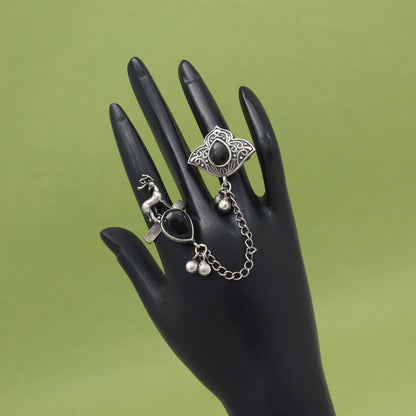 Classic Black Color Oxidised Two In One Finger Ring Accessory