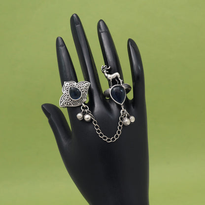 Stunning Blue Color Oxidised Two In One Finger Ring Design