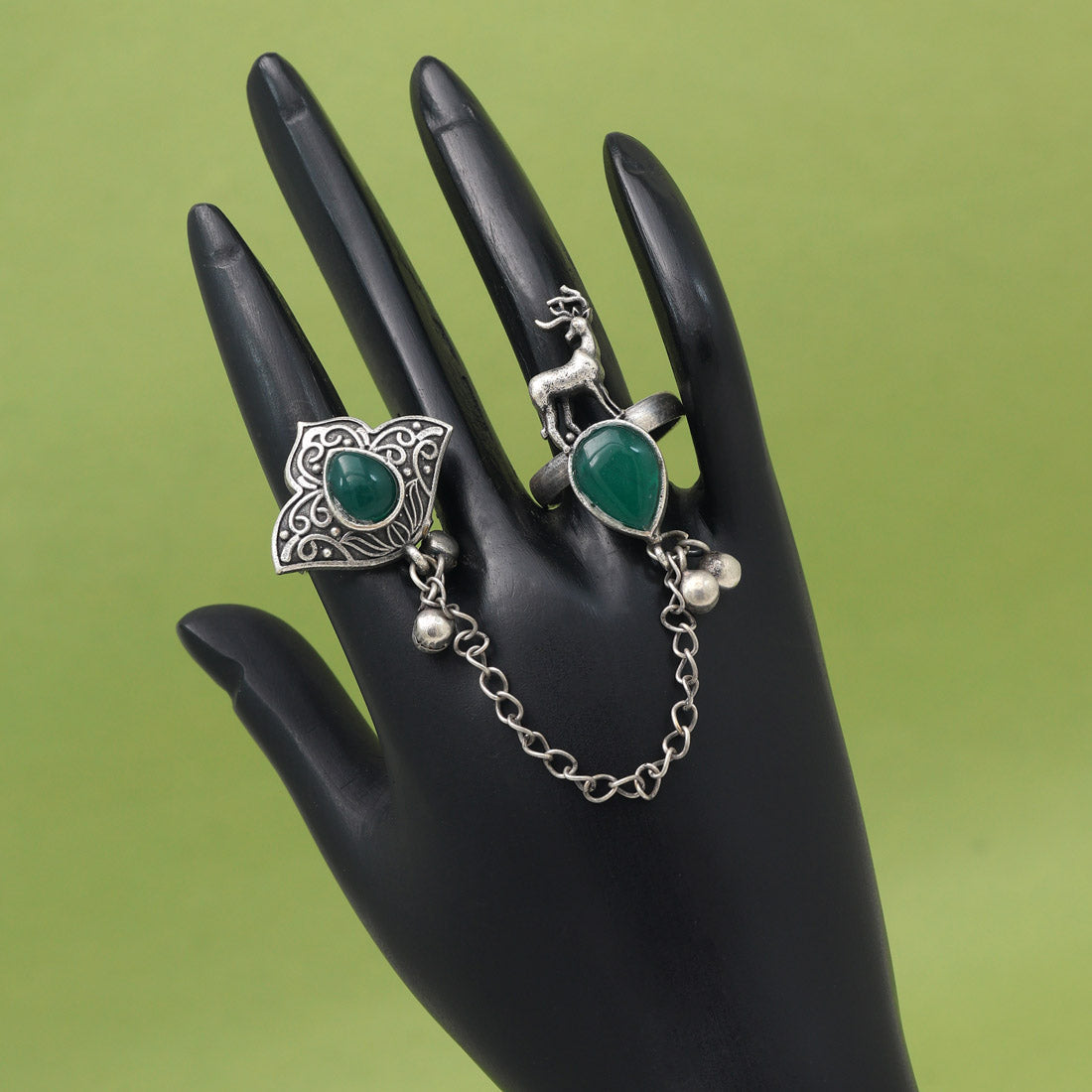 Trendy Green Color Oxidised Two In One Finger Ring Style