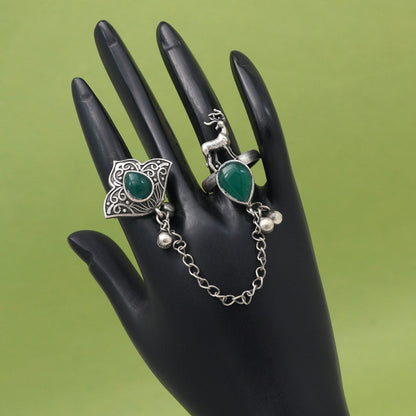 Trendy Green Color Oxidised Two In One Finger Ring Style