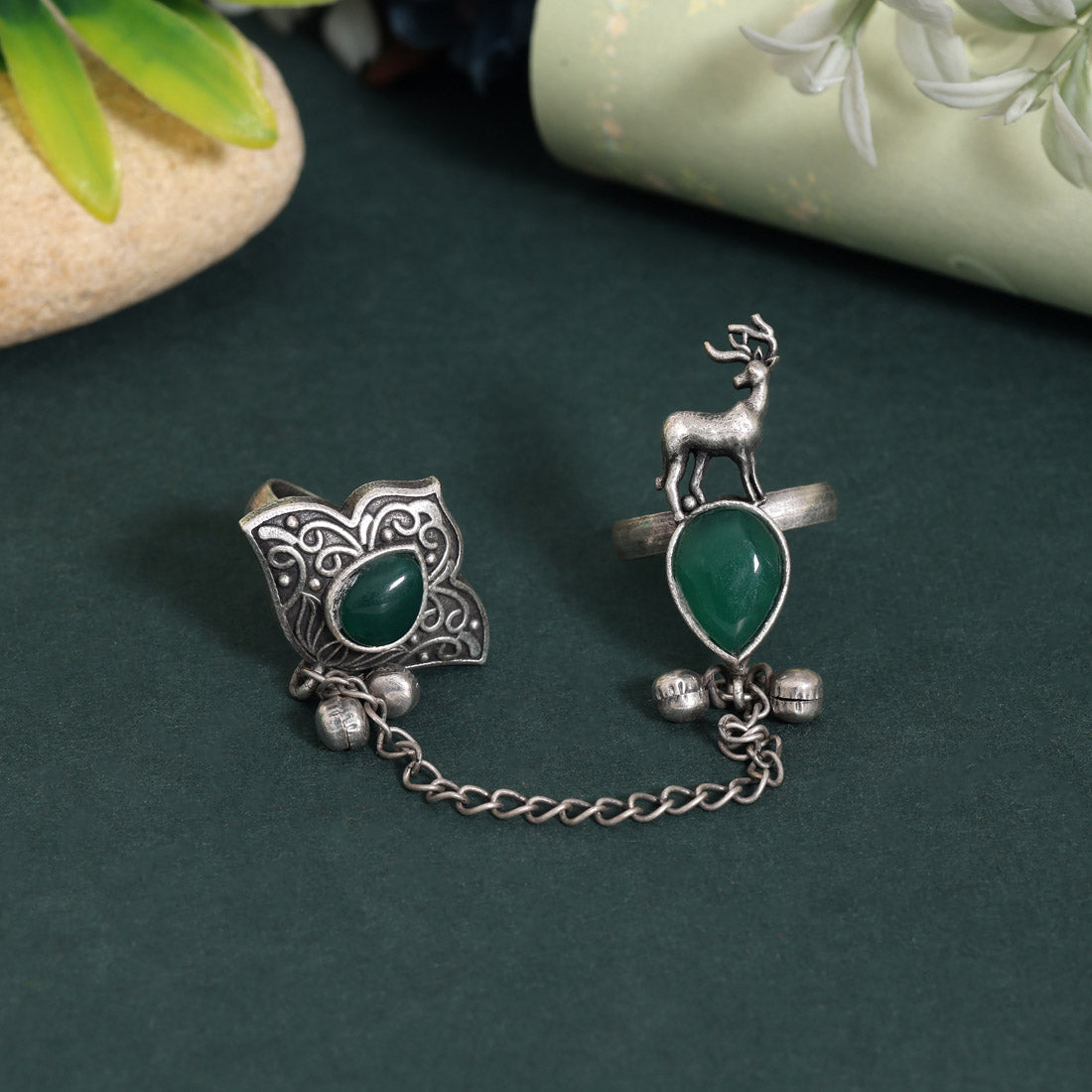 Trendy Green Color Oxidised Two In One Finger Ring Style