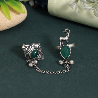 Trendy Green Color Oxidised Two In One Finger Ring Style