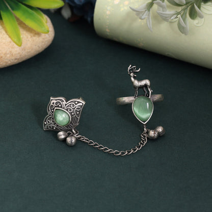 Vibrant Light Green Color Oxidised Two In One Finger Ring Design