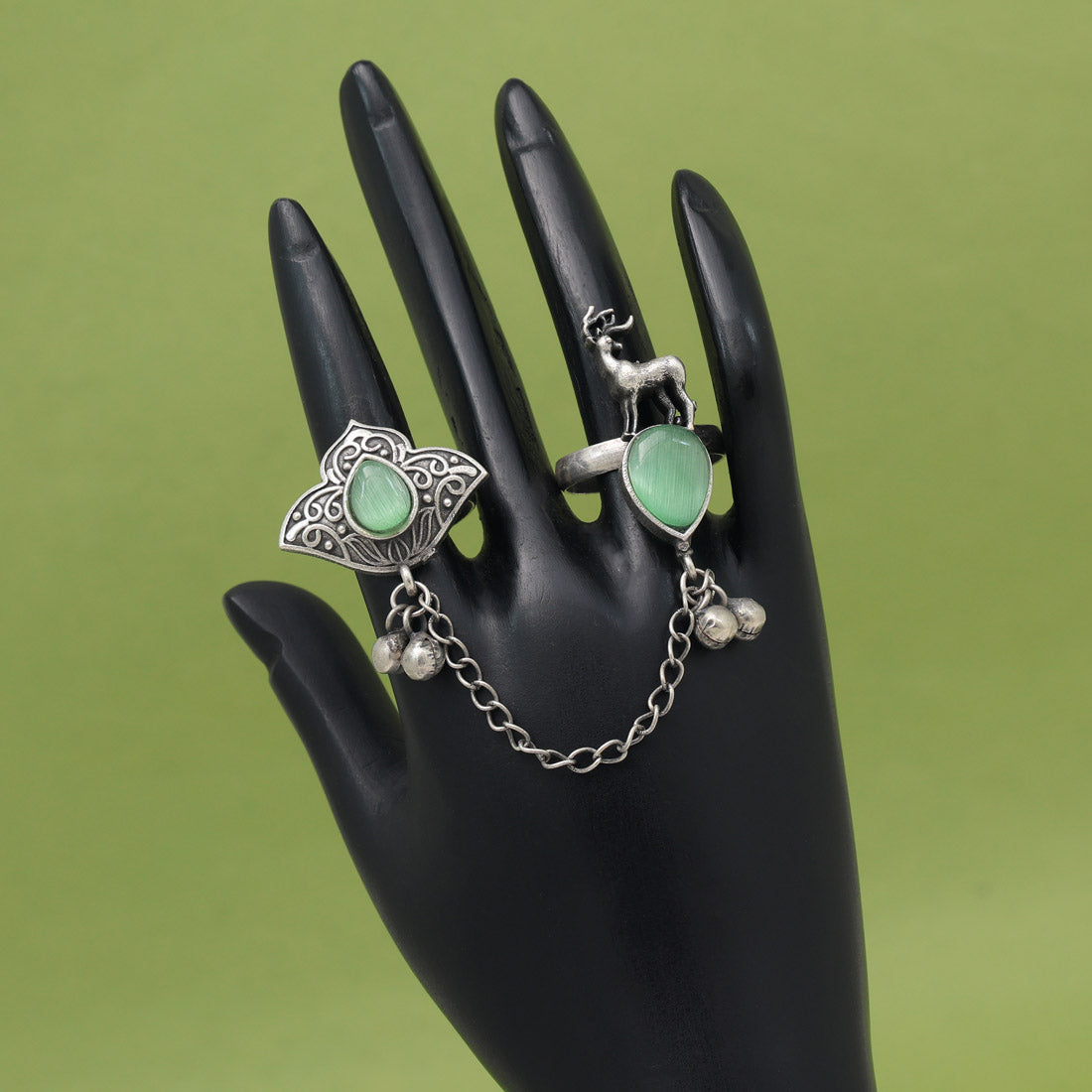 Vibrant Light Green Color Oxidised Two In One Finger Ring Design
