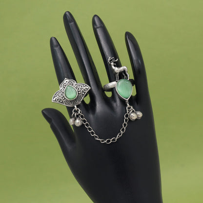 Vibrant Light Green Color Oxidised Two In One Finger Ring Design