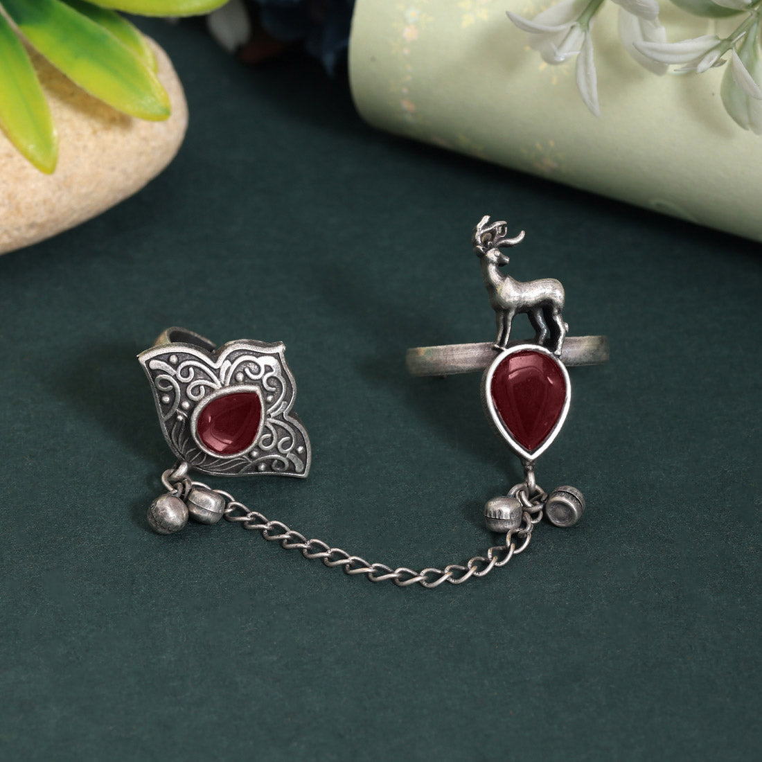 Rich Maroon Color Oxidised Two In One Finger Ring For Events