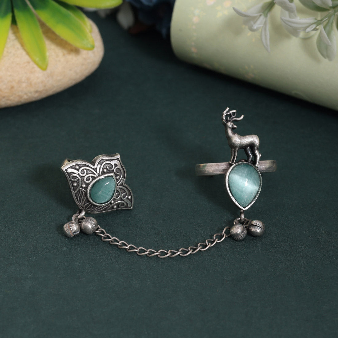 Stylish Pista Green Color Oxidised Two In One Finger Ring Choice