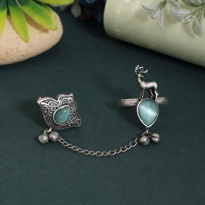 Stylish Pista Green Color Oxidised Two In One Finger Ring Choice