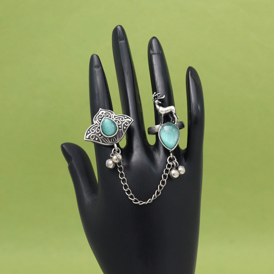 Stylish Pista Green Color Oxidised Two In One Finger Ring Choice