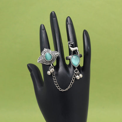 Stylish Pista Green Color Oxidised Two In One Finger Ring Choice