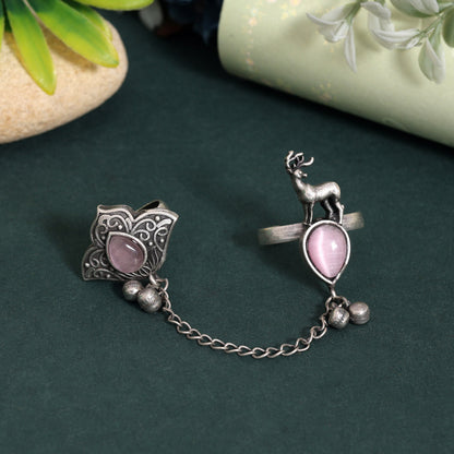 Elegant Pink Color Oxidised Two In One Finger Ring For Women