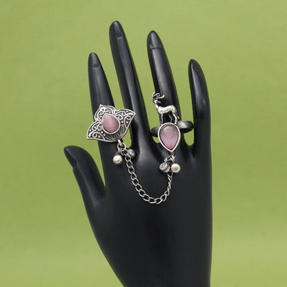 Elegant Pink Color Oxidised Two In One Finger Ring For Women