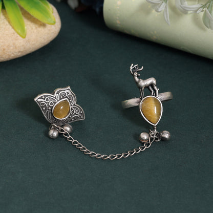 Bright Yellow Color Oxidised Two In One Finger Ring Fashion Piece