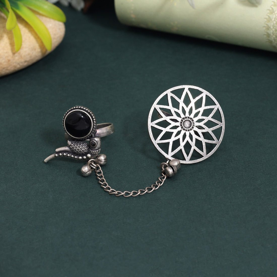 Sleek Black Color Oxidised Two In One Finger Ring For Daily Wear