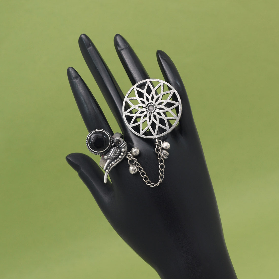 Sleek Black Color Oxidised Two In One Finger Ring For Daily Wear