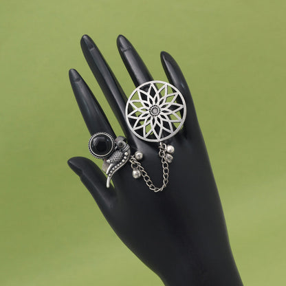 Sleek Black Color Oxidised Two In One Finger Ring For Daily Wear