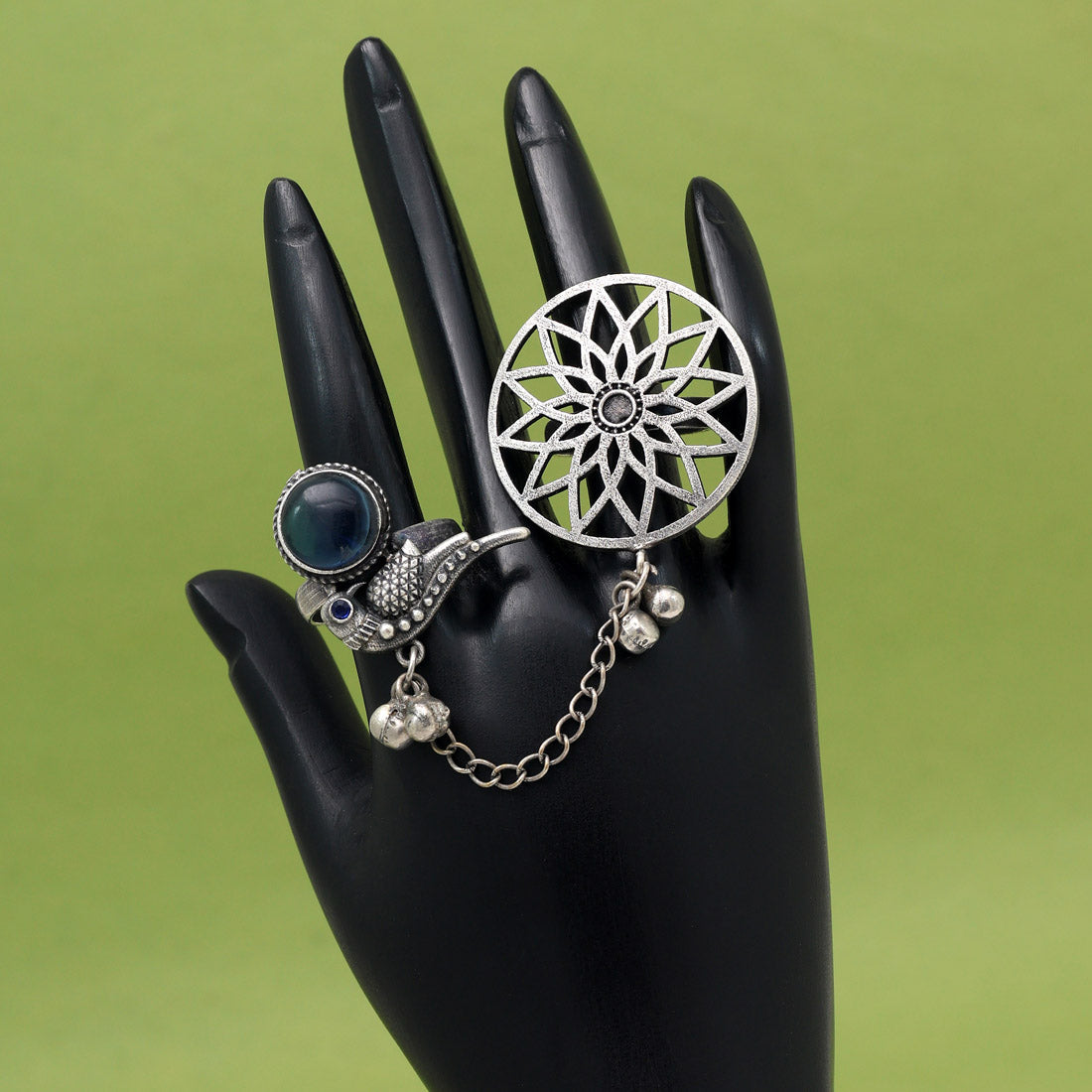 Classy Blue Color Oxidised Two In One Finger Ring For Weddings