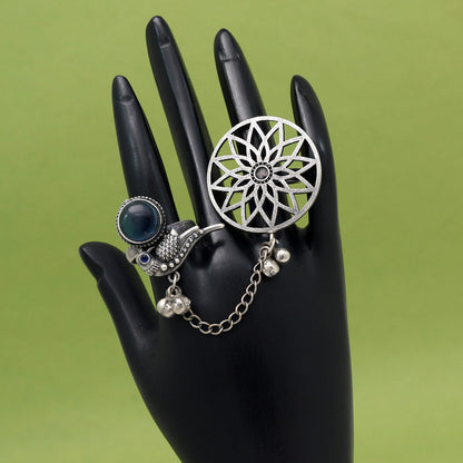 Classy Blue Color Oxidised Two In One Finger Ring For Weddings