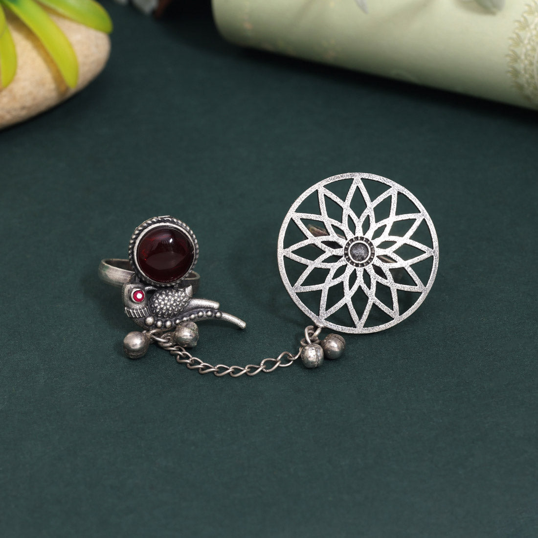 Bold Maroon Color Oxidised Two In One Finger Ring For Outings