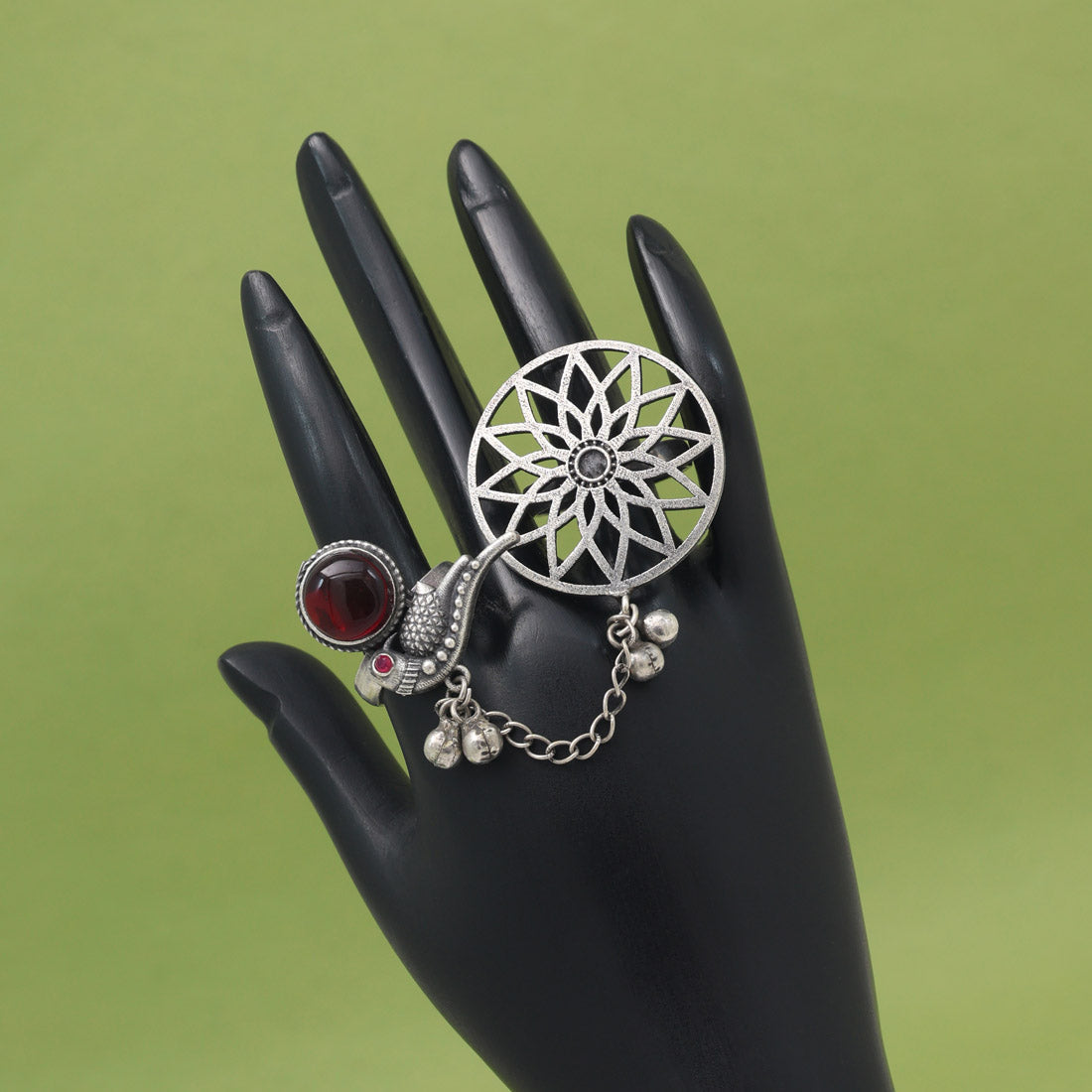 Bold Maroon Color Oxidised Two In One Finger Ring For Outings