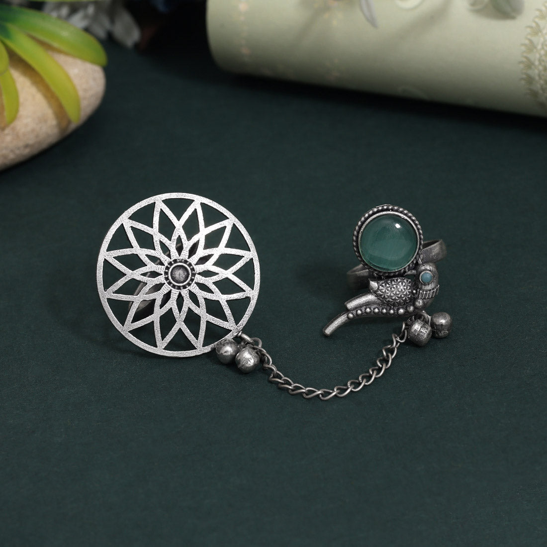 Fashionable Pista Green Color Oxidised Two In One Finger Ring Look
