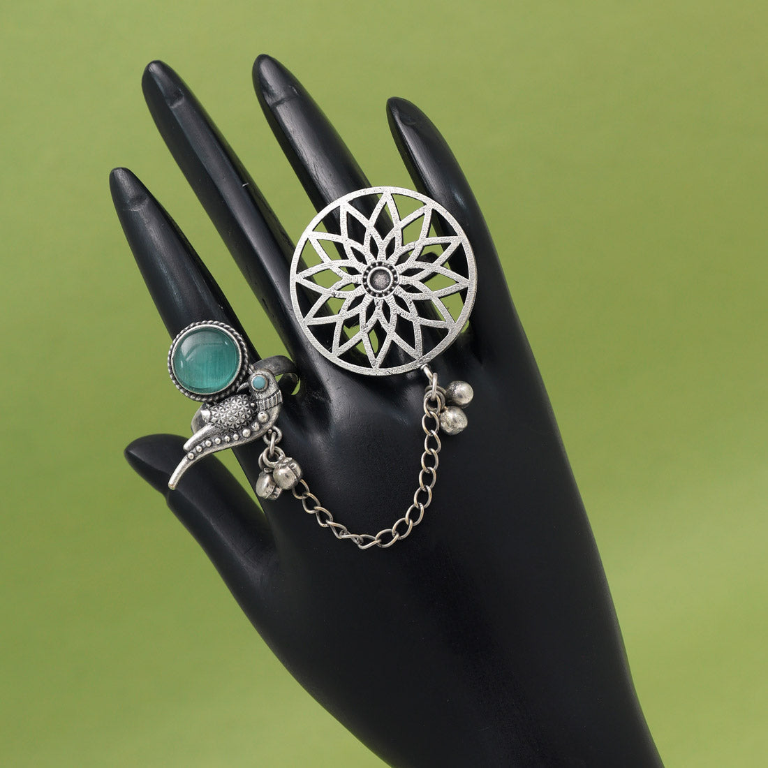 Fashionable Pista Green Color Oxidised Two In One Finger Ring Look