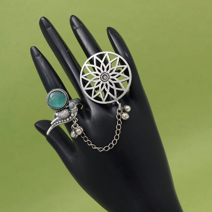 Fashionable Pista Green Color Oxidised Two In One Finger Ring Look
