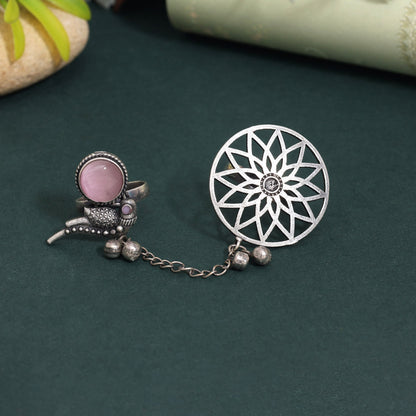 Chic Pink Color Oxidised Two In One Finger Ring For Gifting