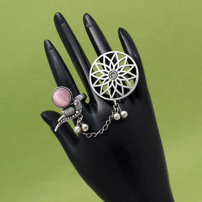 Chic Pink Color Oxidised Two In One Finger Ring For Gifting