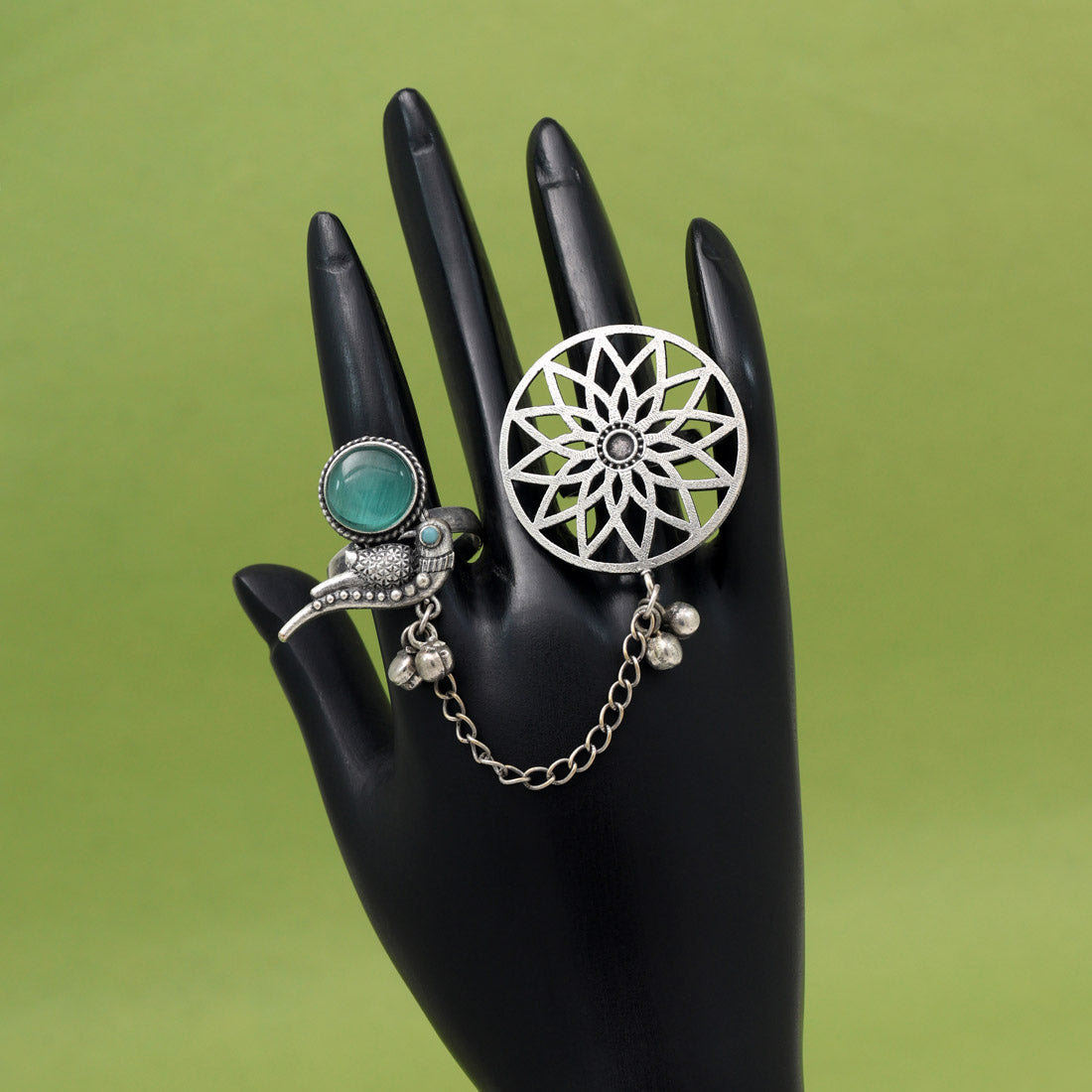 Cool Sky Blue Color Oxidised Two In One Finger Ring Style