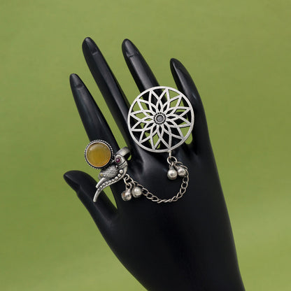 Dazzling Yellow Color Oxidised Two In One Finger Ring With Detailing