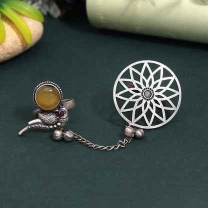 Dazzling Yellow Color Oxidised Two In One Finger Ring With Detailing