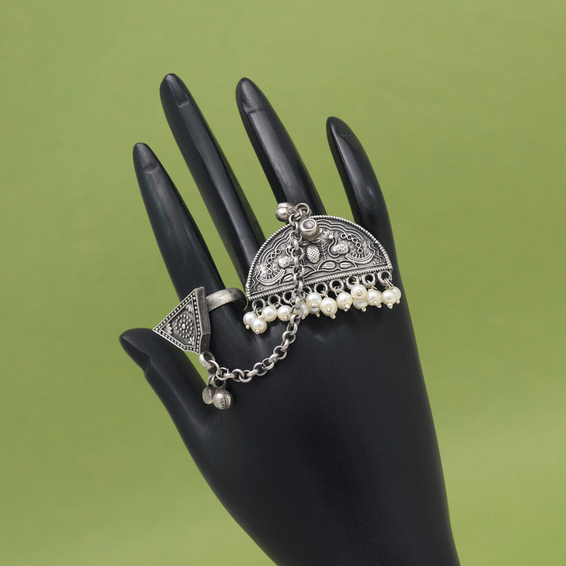Premium Silver Color Oxidised Two In One Finger Ring For Fashion