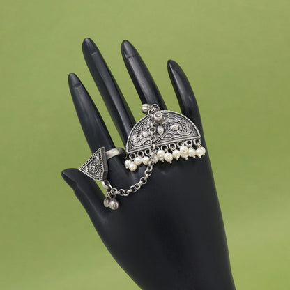 Premium Silver Color Oxidised Two In One Finger Ring For Fashion