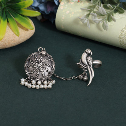Gorgeous Silver Color Oxidised Two In One Finger Ring For Styling