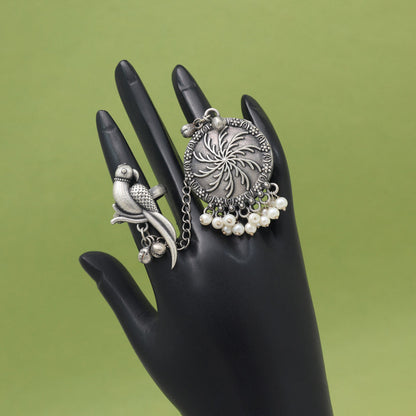 Gorgeous Silver Color Oxidised Two In One Finger Ring For Styling