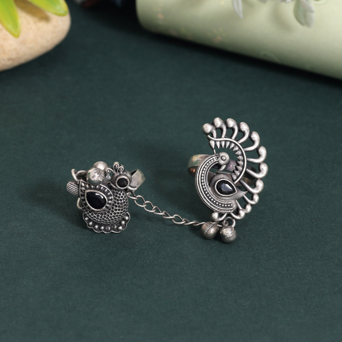 Bold Black Color Oxidised Two In One Finger Ring For Modern Wear