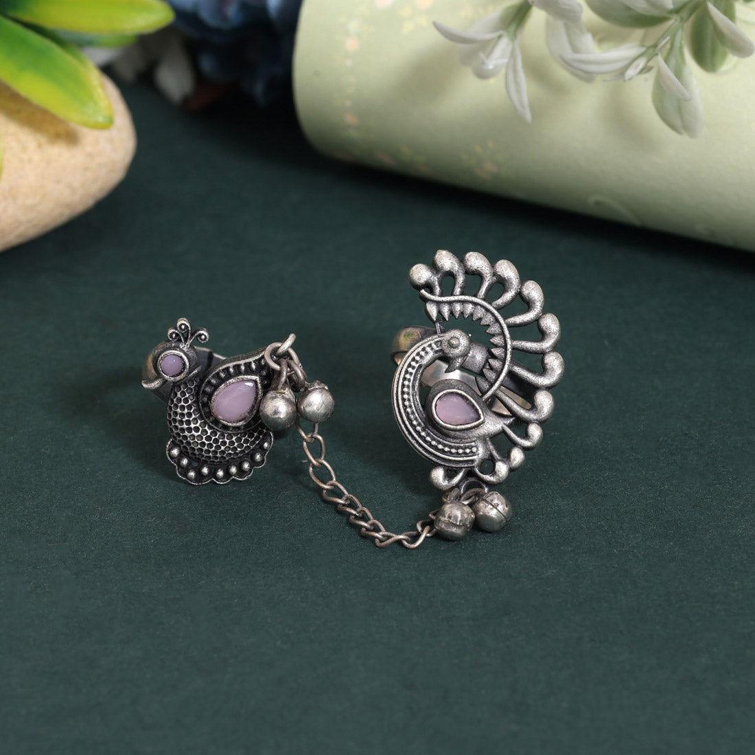 Soft Pink Color Oxidised Two In One Finger Ring With Intricate Design